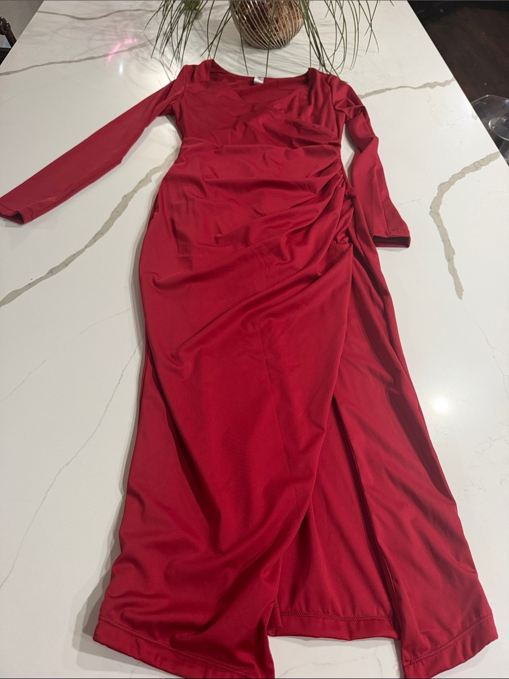Popilush Long Sleeve Red Ruched Maxi Dress